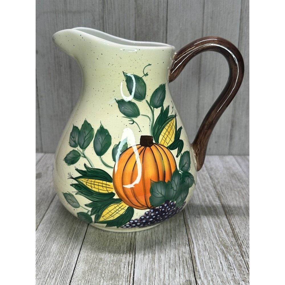 Vintage K.I.C Brushes Pitcher Harvest Pumpkin Vine Design Handpainted 7.5" Tall